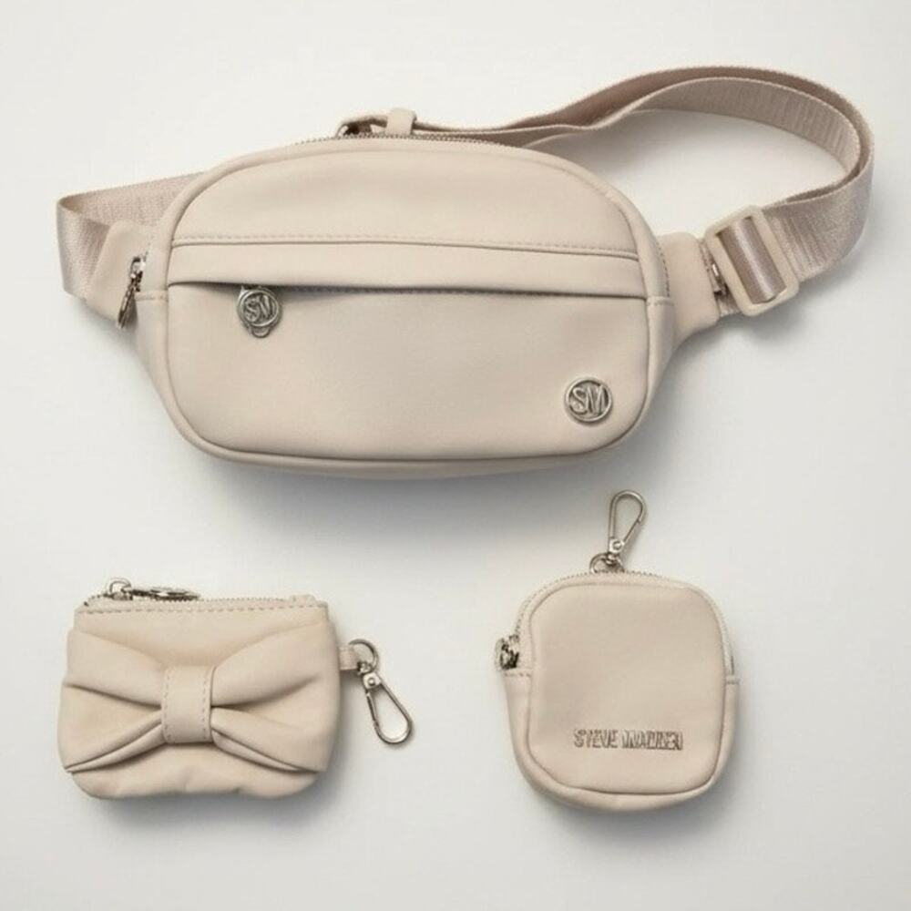 NWOT Steve Madden Faux-Leather Oval Belt Bag coin purse and ear buds case Set